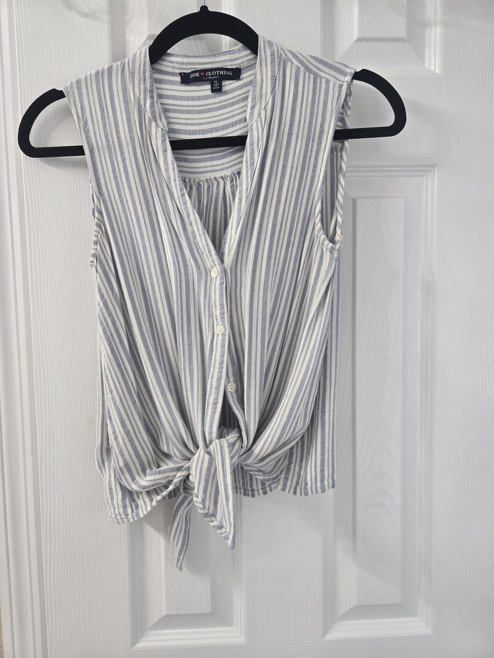 One Clothing Blue & White Striped Tie-Front Sleeveless Top